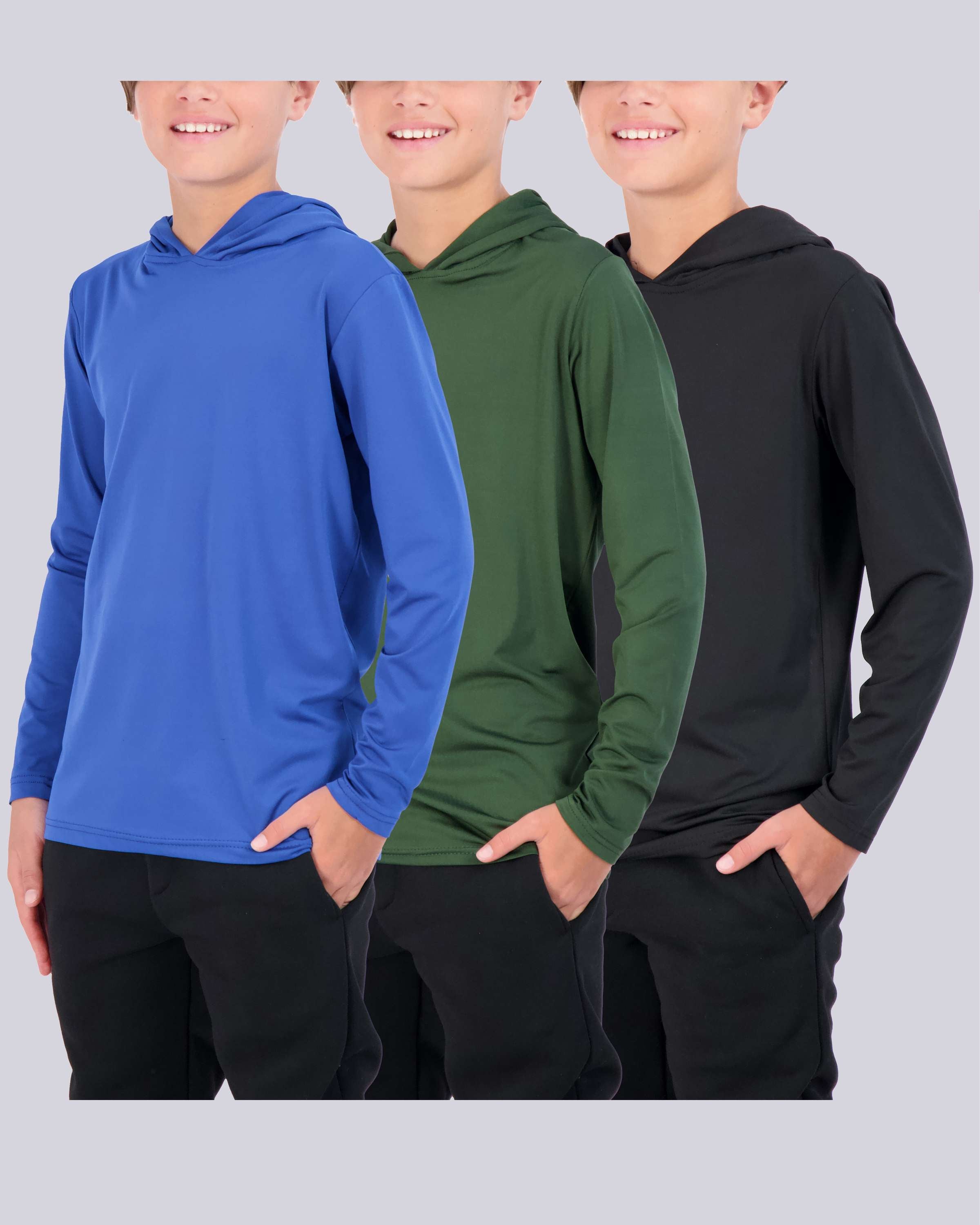 3 Pack Boys Dry Fit Long Sleeve Active Pullover Hoodie Sweatshirt Real Essentials