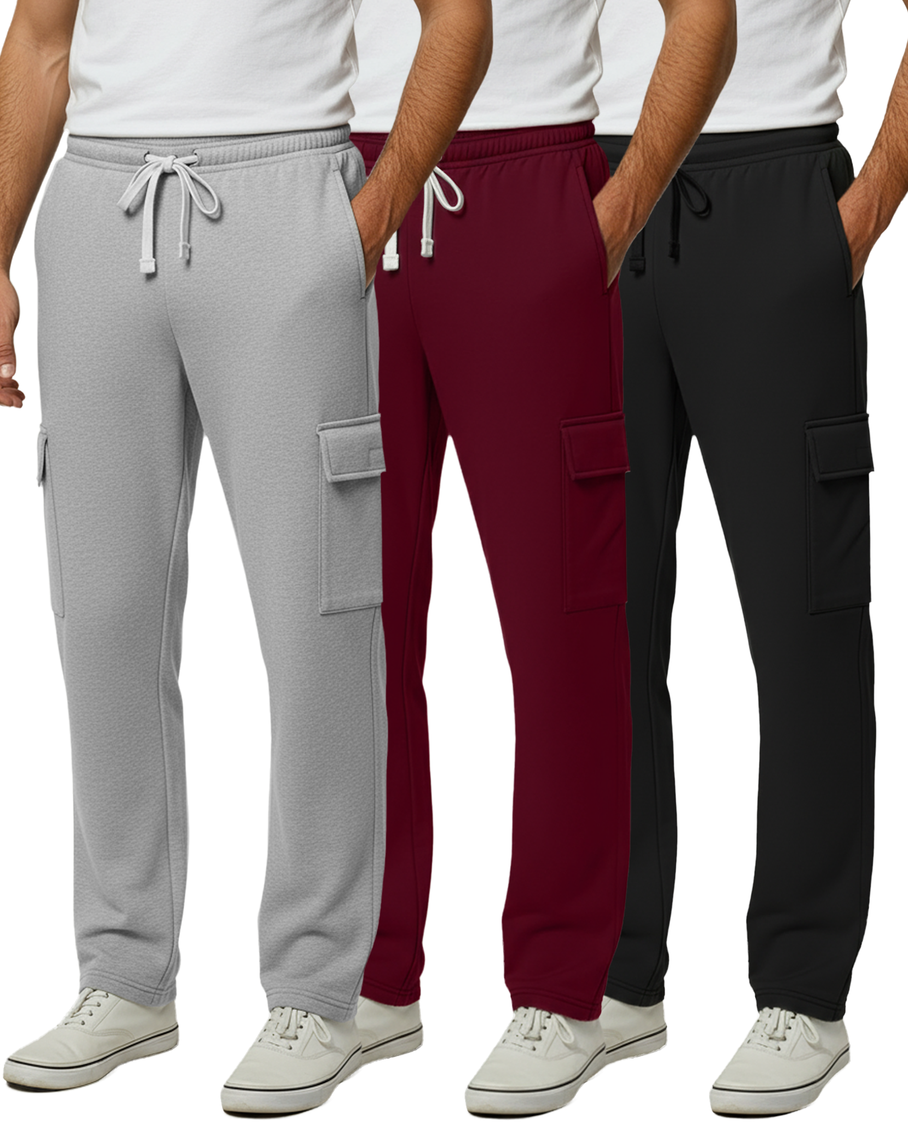 3 Pack: Mens Fleece Cargo Open Bottom Sweatpants