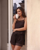 Real Essentials 2 Pack Women's Pajama Sets 2 Piece Lace Trim Cami Tank Shorts Sleepwear PJs - Solid Chocolate Torte, Solid Moonbeam