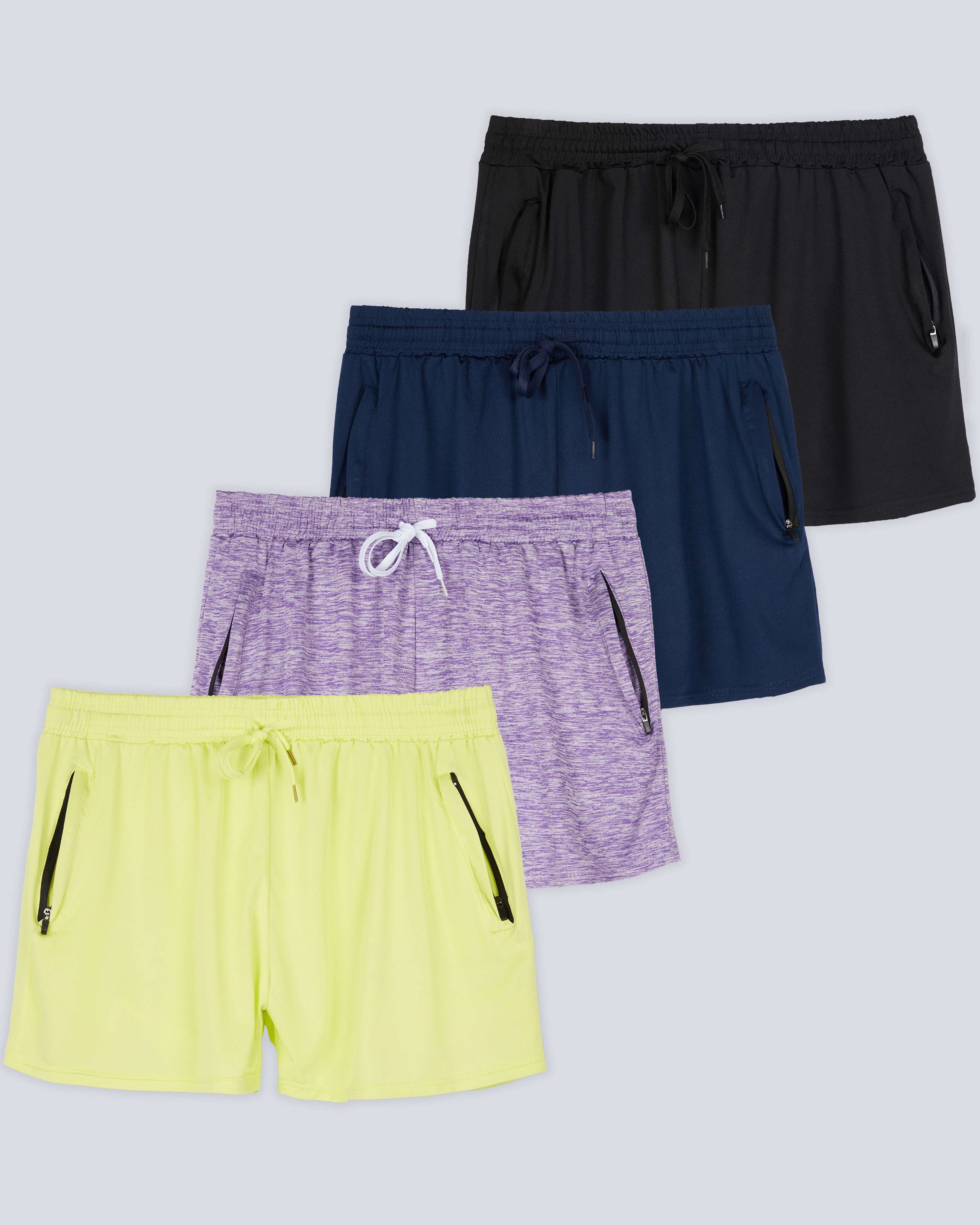 4 Pack: Womens Active Dry-Fit Shorts with Zipper Pockets