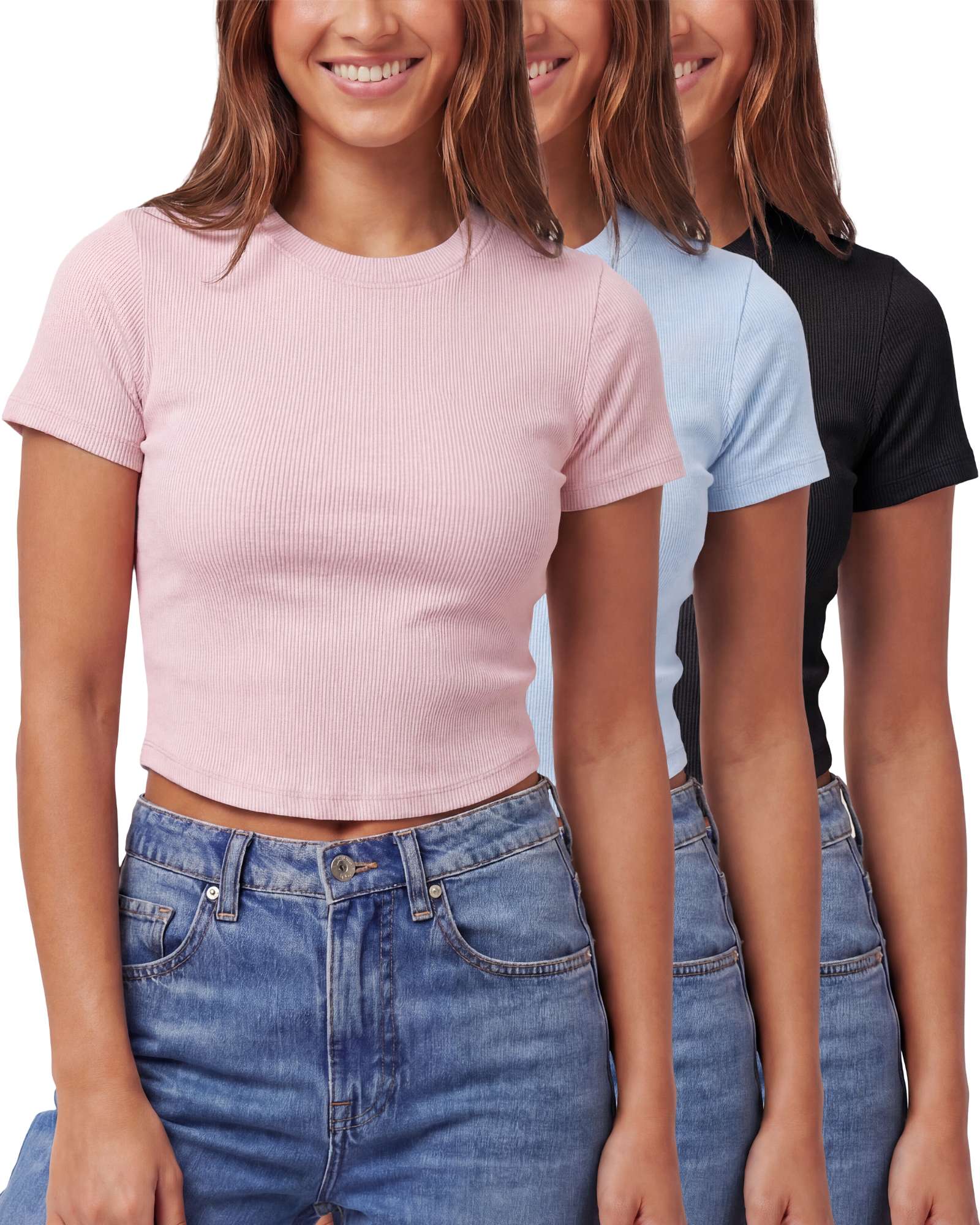 Real Essentials 3 Pack Women's Cropped Cotton Tshirts Ribbed Cap Sleeve Tees Going Out Tops - Solid Black, Solid Ballad Blue, Solid Pale Lilac