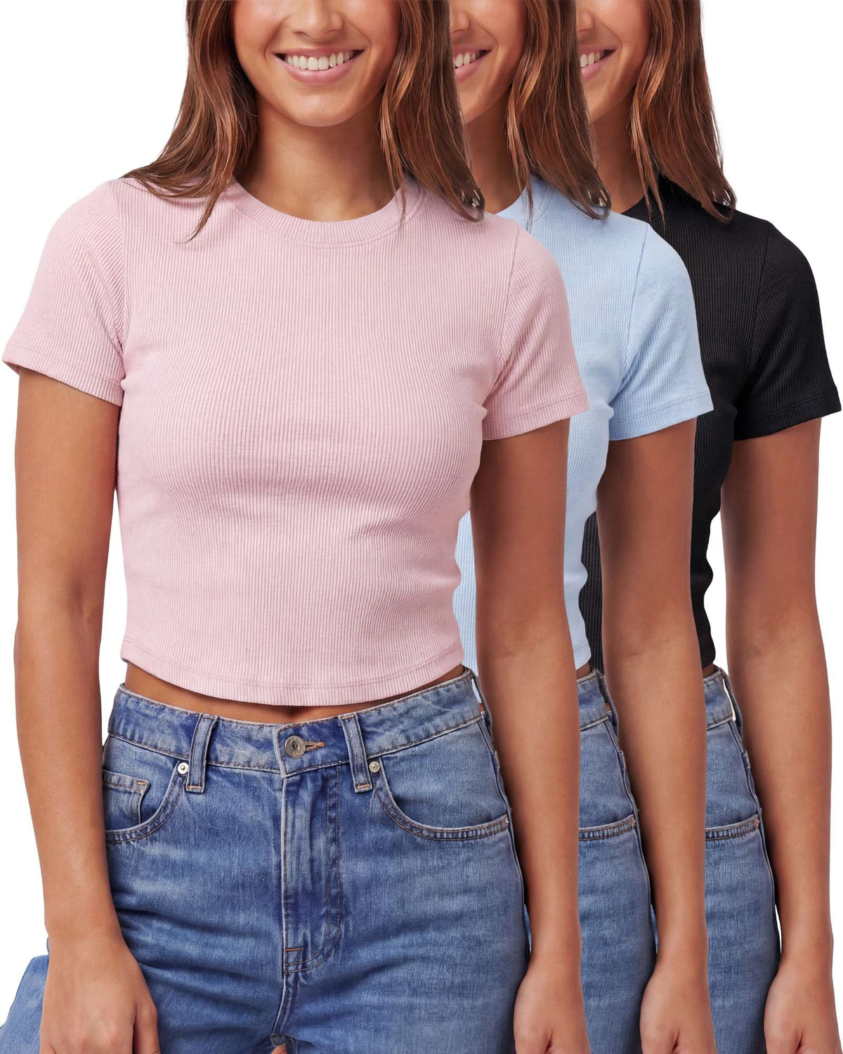 Real Essentials 3 Pack Women's Cropped Cotton Tshirts Ribbed Cap Sleeve Tees Going Out Tops - Solid Black, Solid Ballad Blue, Solid Pale Lilac