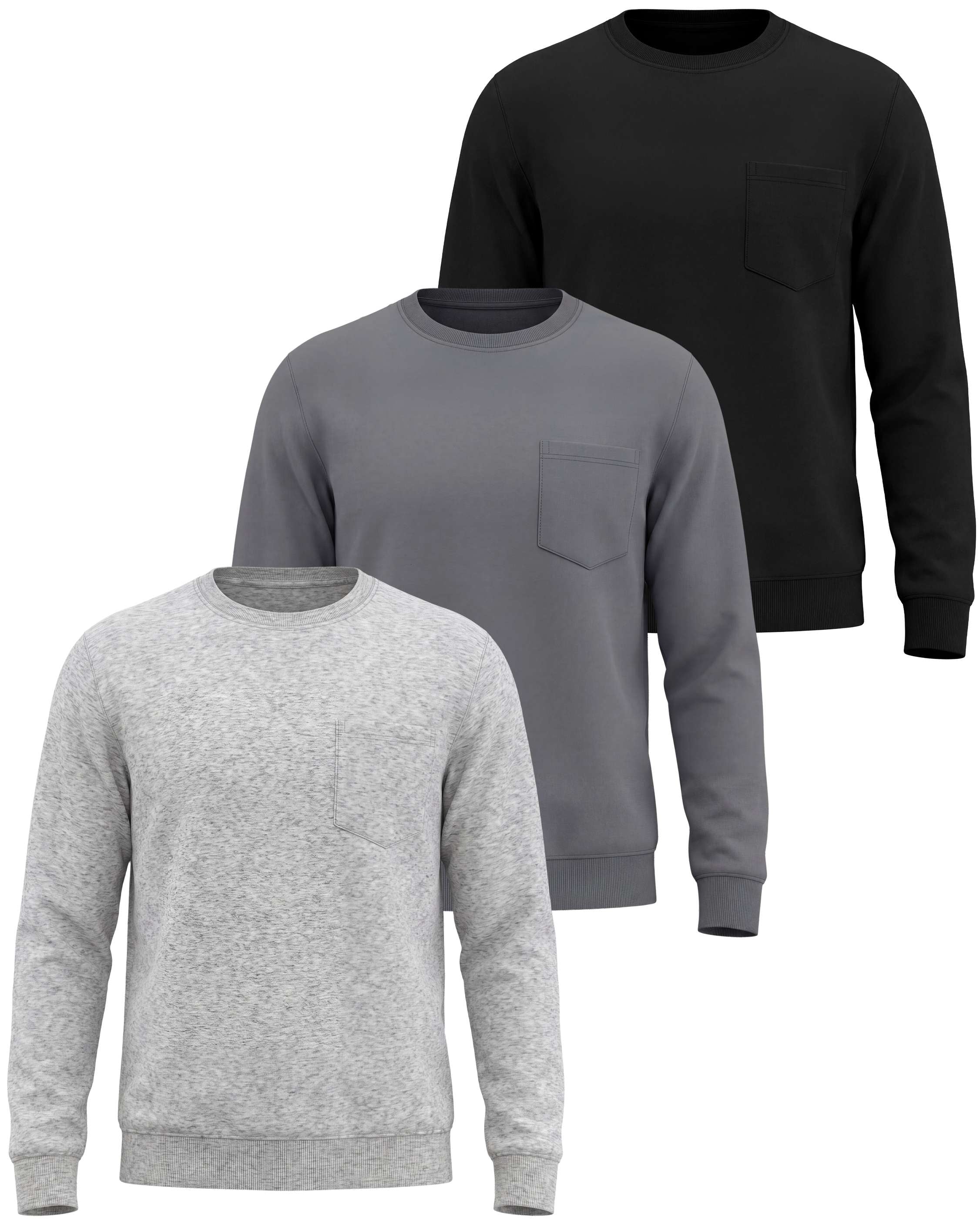 Real Essentials 3 Pack Mens Fleece Pocket Sweatshirt Pullover Long Sleeve Shirts Sweater - Solid Black, Solid Quiet Shade, Grey Heather