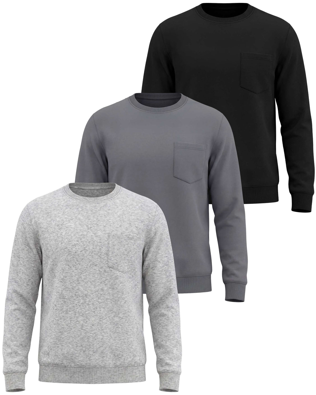Real Essentials 3 Pack Mens Fleece Pocket Sweatshirt Pullover Long Sleeve Shirts Sweater - Solid Black, Solid Quiet Shade, Grey Heather