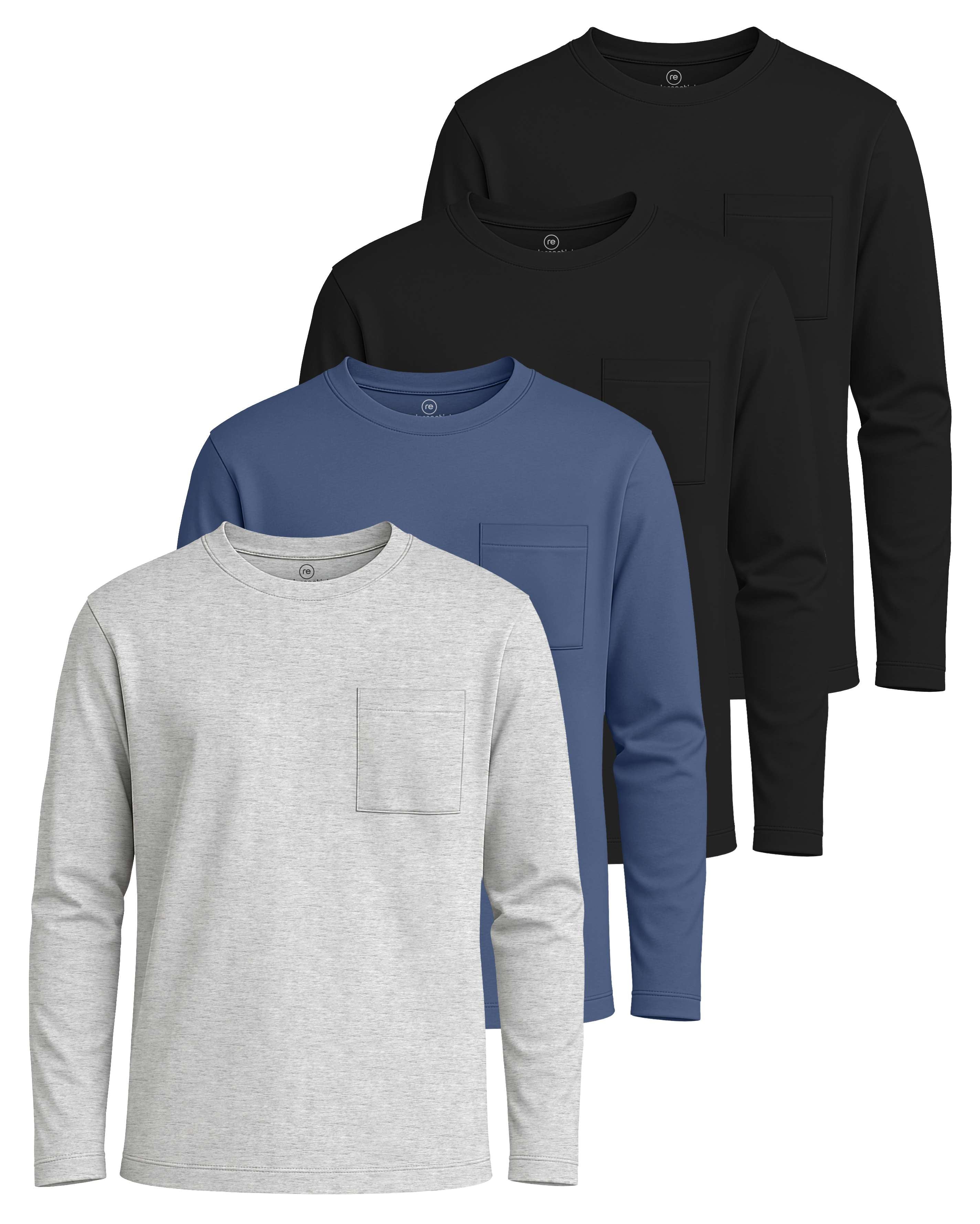 Real Essentials 4 Pack: Boys' Cotton Jersey Long Sleeve T-Shirt with Pocket - Kids Teens Youth Crew Neck Tee Top (Ages 4-16)