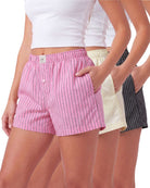 Real Essentials 3 Pack Women's Cotton Pajama Shorts Boxer Lounge Sleepwear PJs with Pockets - Charcoal Art Stripe, Moonlight Mauve Stripe, Transparent Yellow Stripe