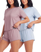 Real Essentials 2 Pack Women's Pajama Sets 2 Piece Boxy Tee Sleep Shorts PJs Sleepwear Cute - Solid Ballad Blue, Solid Pale Lilac