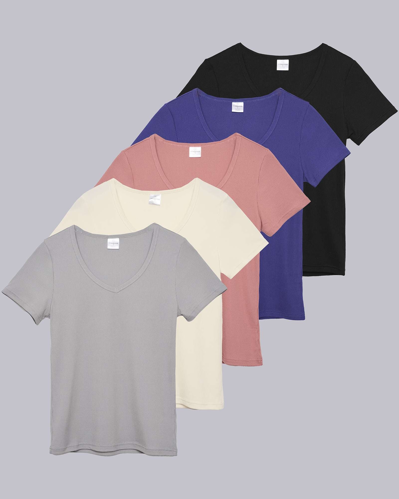 5 Pack: Women's Soft Ribbed Short Sleeve V-Neck T-Shirt