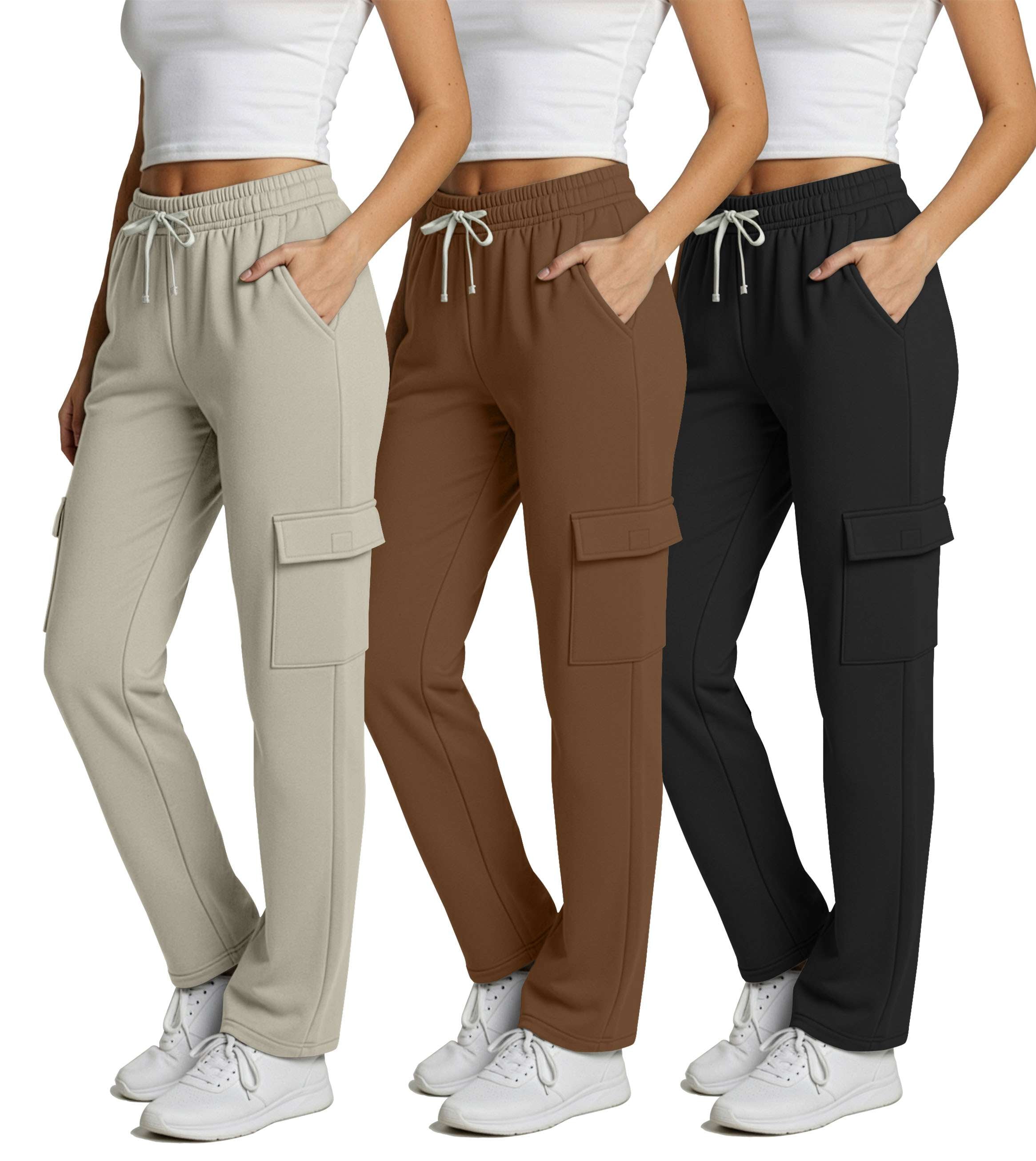 Real Essentials 3 Pack: Women's Fleece Cargo Sweatpants, Open Bottom Lounge & Athletic Casual Pants with Pockets
