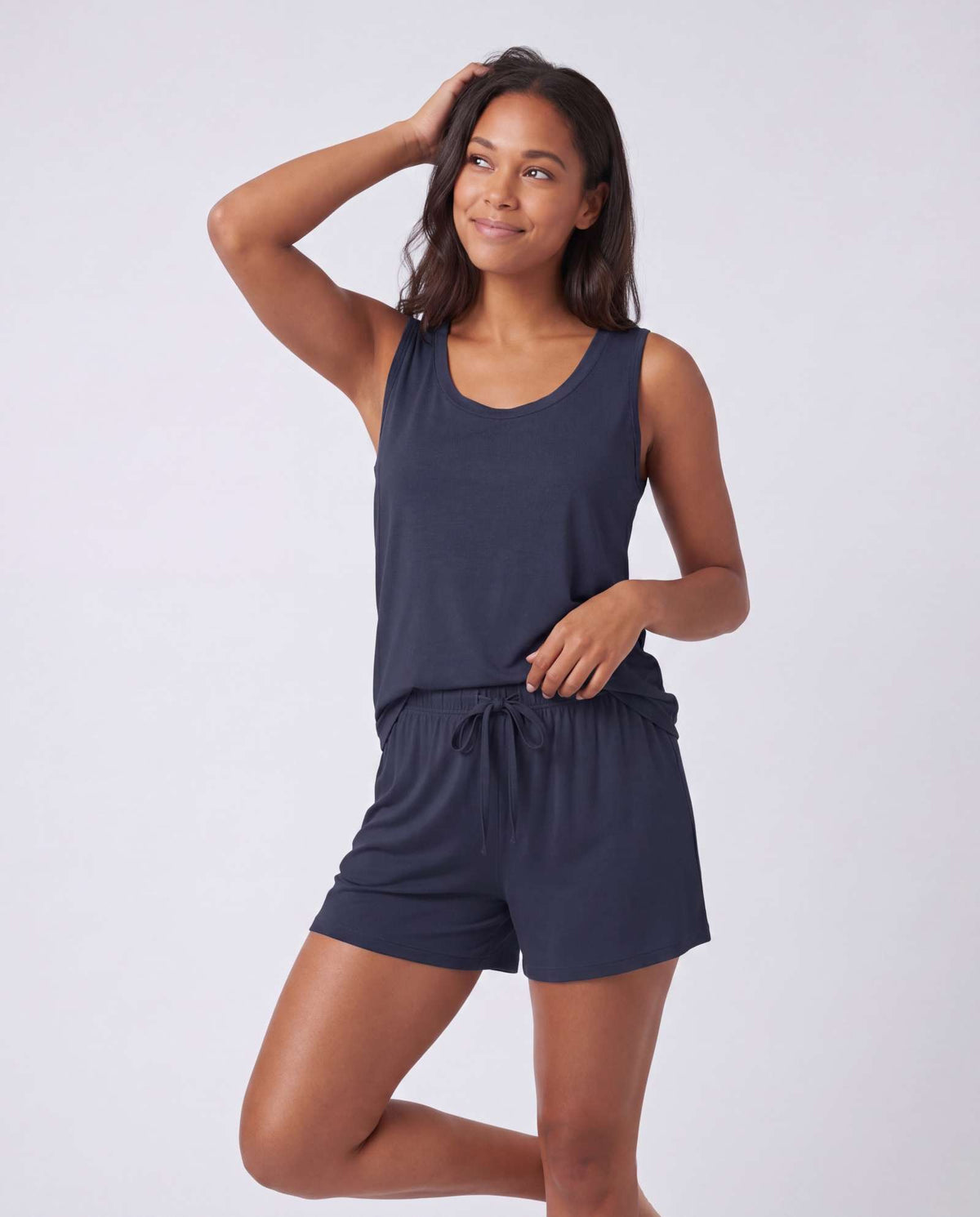 Real Essentials 3 Pack Women's Pajama Sets 3 Piece Crew Tee Tank Top Sleep Shorts Sleepwear - Solid Navy Blazer