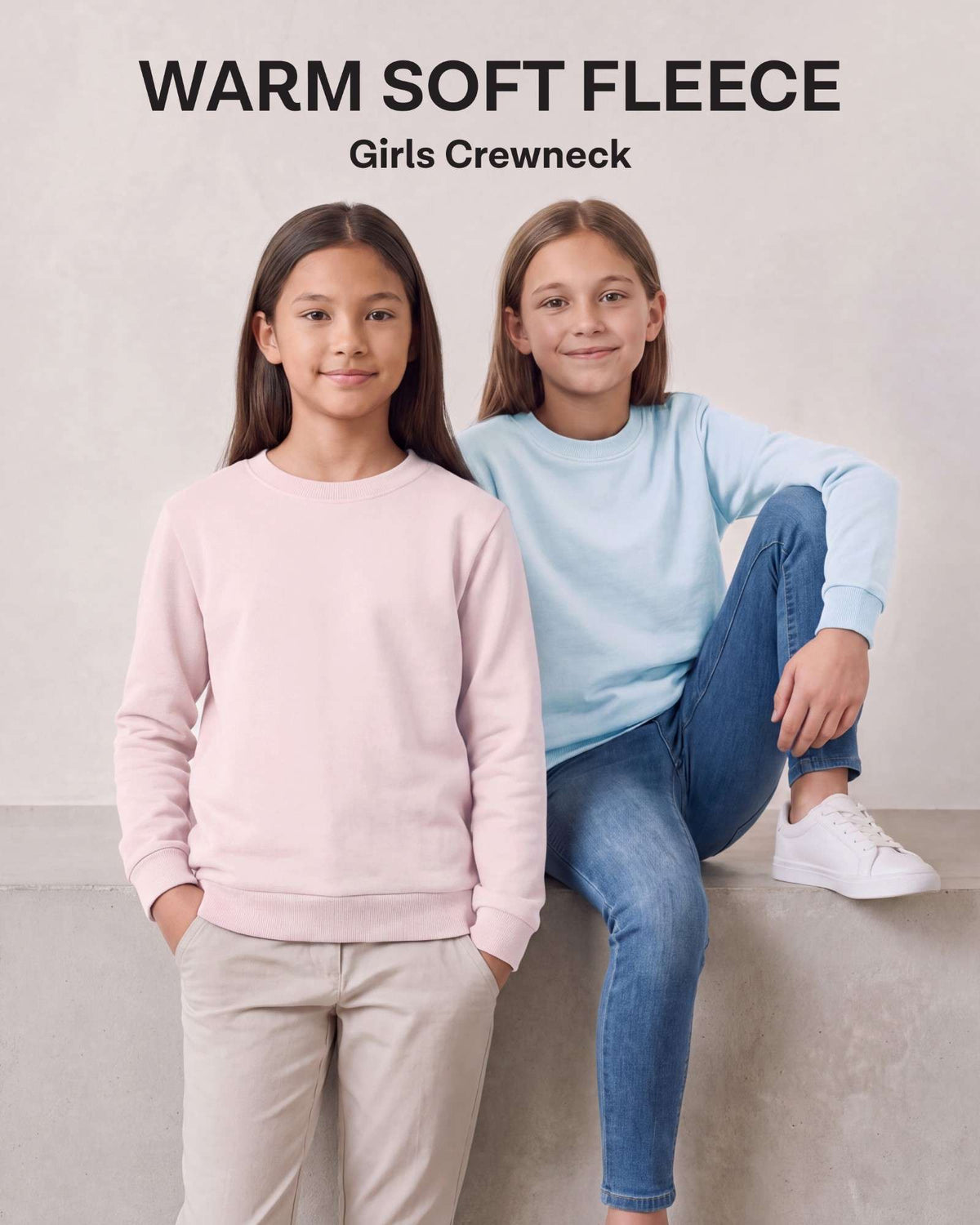 Real Essential 3 Pack Girls' Fleece Crewneck Sweatshirts Sweaters Kids Teens Pullover Tops - Solid Black, Solid Pale Lilac, Solid Ballad Blue