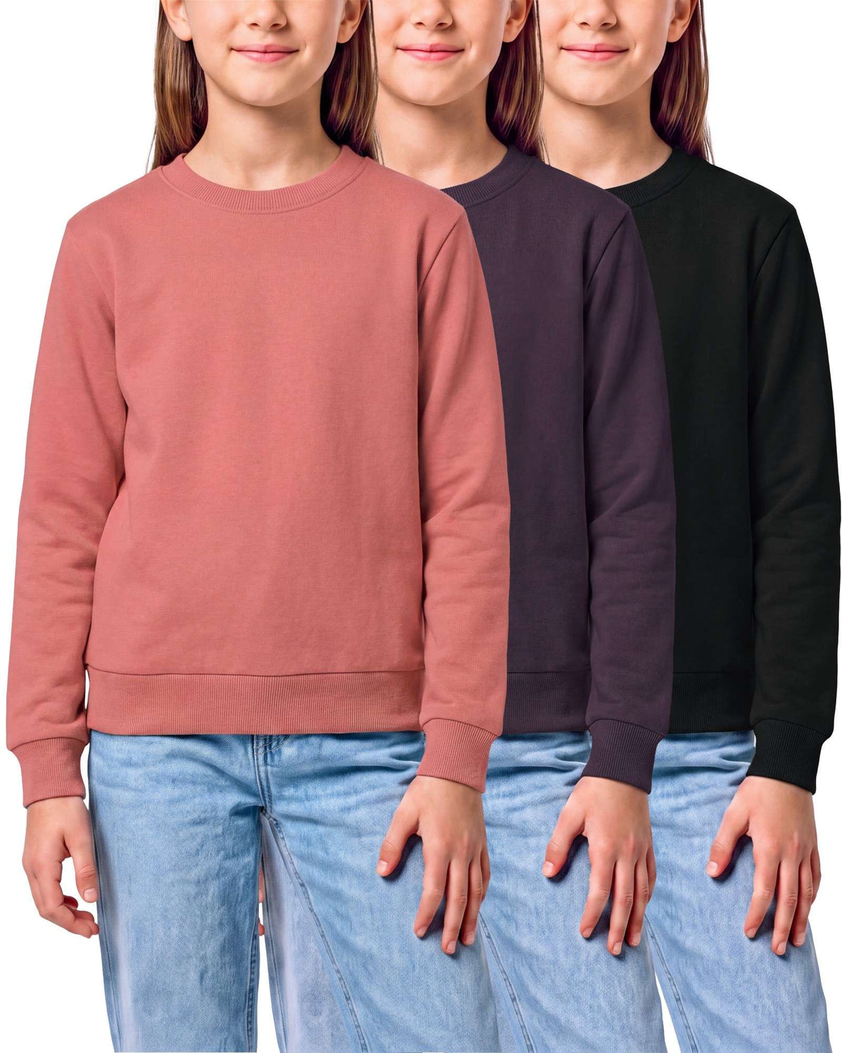 Real Essential 3 Pack Girls' Fleece Crewneck Sweatshirts Sweaters Kids Teens Pullover Tops - Solid Black, Solid Plum Perfect, Solid Lantana
