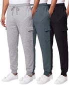 Real Essentials 3 Pack Mens Fleece Cargo Joggers Sweatpants Cuffed Athletic Gym Pockets - Solid Black, Solid Stormy Weather, Grey Heather