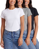 Real Essentials 3 Pack Women's Cropped Cap Sleeve Tops Cotton Basic Tees Going Out Shirts - Solid Black, Grey Heather, Solid Bright White