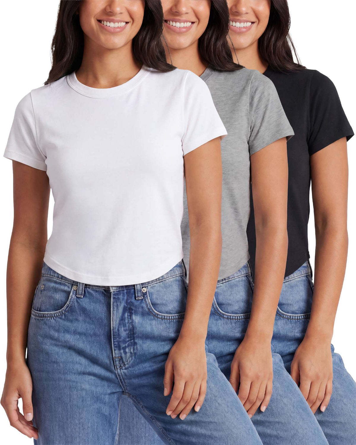 Real Essentials 3 Pack Women's Cropped Cap Sleeve Tops Cotton Basic Tees Going Out Shirts - Solid Black, Grey Heather, Solid Bright White