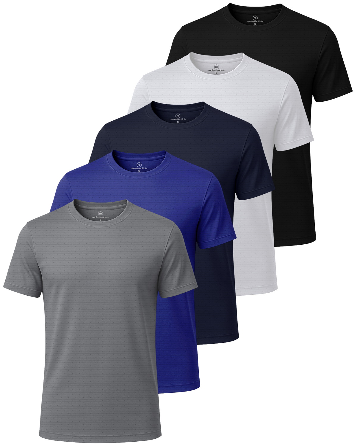 Real Essentials 5 Pack Men's Dry Fit Short Sleeve Crew T Shirts Gym Tees Athletic Workout - Solid Black, Solid Bright White, Navy Blazer, Royal Blue, Solid Ultimate Grey