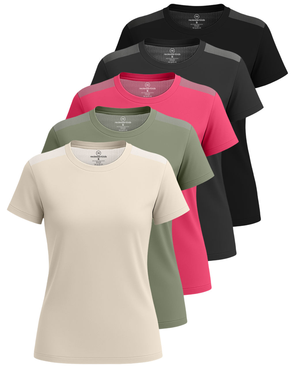 Real Essentials 5 Pack: Women's Short Sleeve Mesh Insert T-Shirts Athletic Tops Gym Workout Yoga Tennis Activewear (Plus)