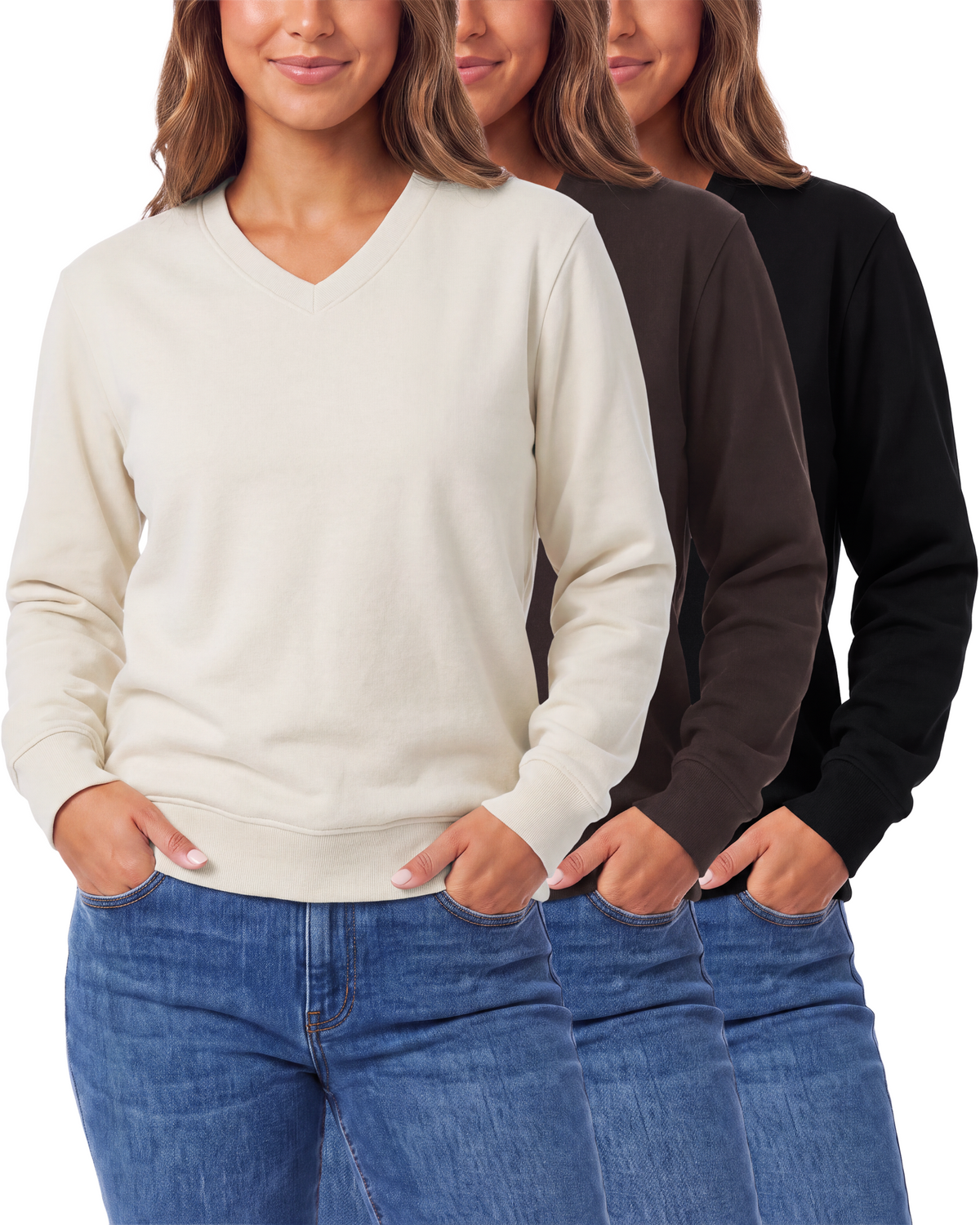 Real Essentials 3 Pack Womens Fleece V Neck Sweatshirt Pullover Sweaters Long Sleeve Top - Solid Black, Solid Chocolate Torte, Solid Moonbeam