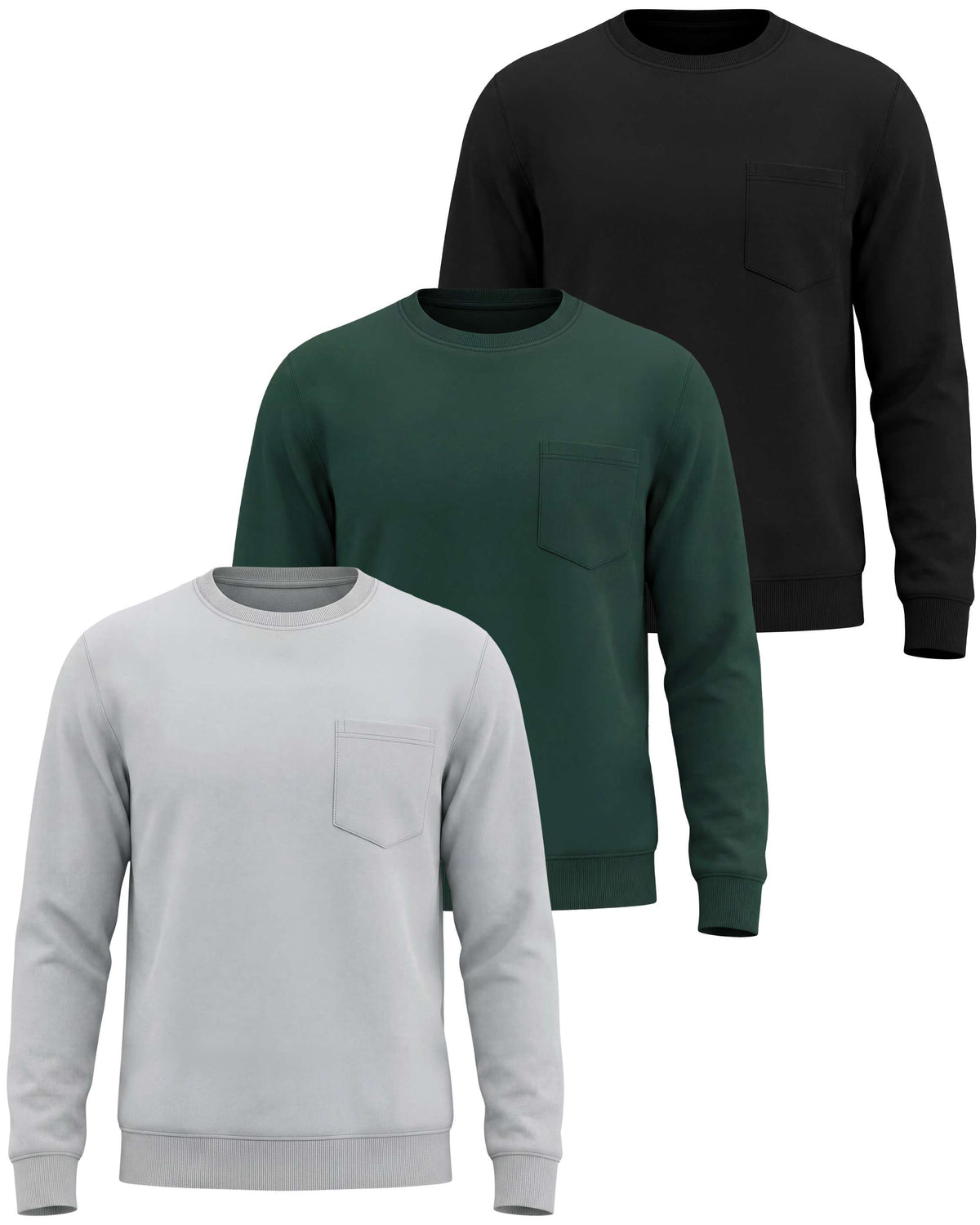 Real Essentials 3 Pack Mens Fleece Pocket Sweatshirt Pullover Long Sleeve Shirts Sweater - Solid Black, Solid Pine Grove, Solid Northern Droplet