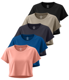 Real Essentials 5 Pack Women's Dry Fit Crop Top Workout T Shirts Short Sleeve Athletic Gym - Set 8