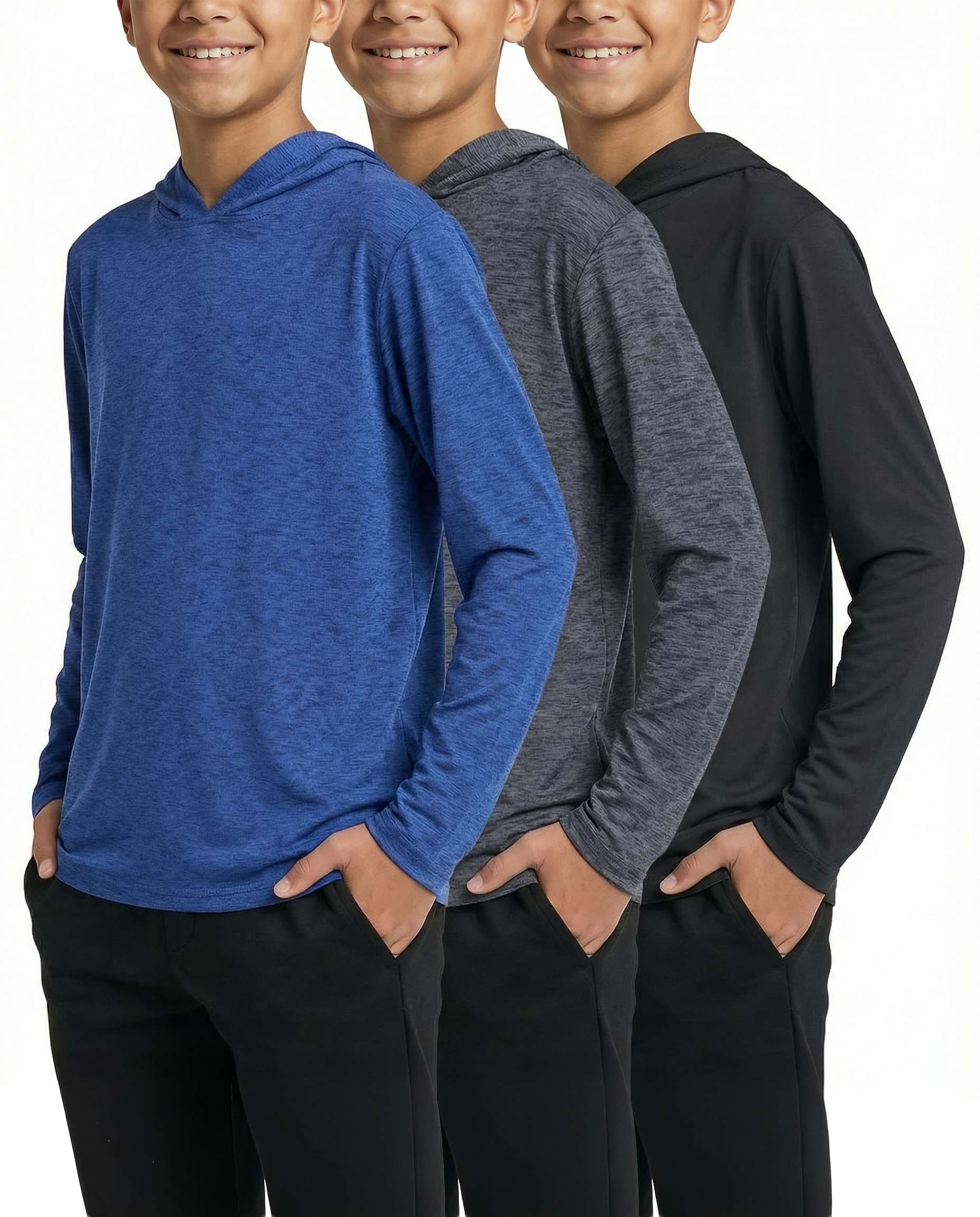 3 Pack: Boys Dry Fit Long Sleeve Active Pullover Hoodie Sweatshirt