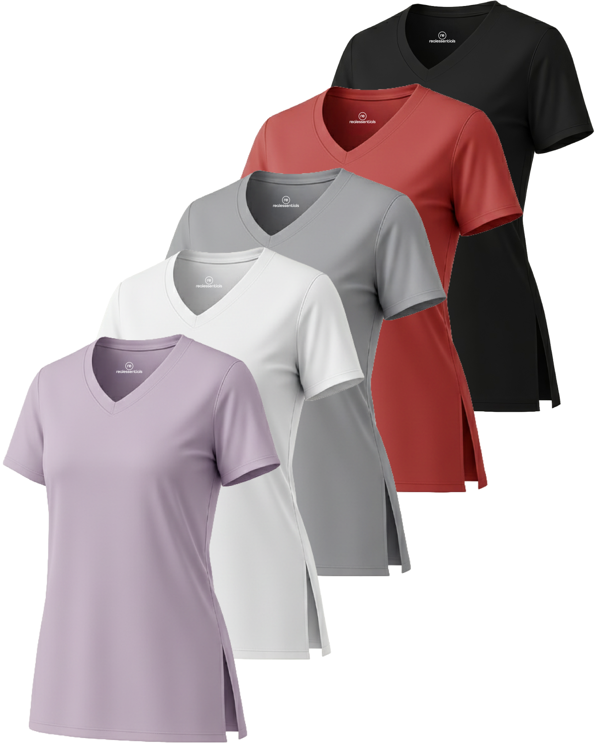Real Essentials 5 Pack: Women's Short Sleeve Split Hem V-Neck T-Shirts, Athletic Tops, Gym, Workout, Yoga, Activewear (Plus)