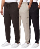 Real Essentials 3 Pack Mens Fleece Cargo Joggers Sweatpants Cuffed Athletic Gym Pockets - Solid Black, Solid Chocolate Torte, Solid Moonbeam