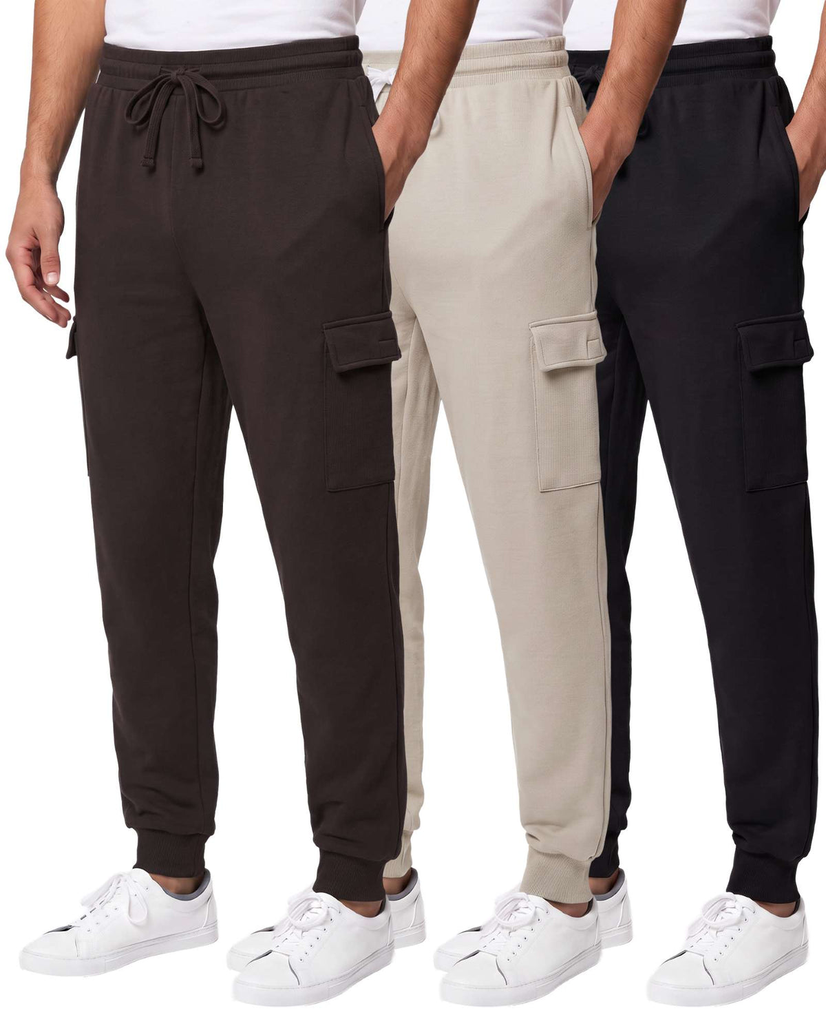 Real Essentials 3 Pack Mens Fleece Cargo Joggers Sweatpants Cuffed Athletic Gym Pockets - Solid Black, Solid Chocolate Torte, Solid Moonbeam