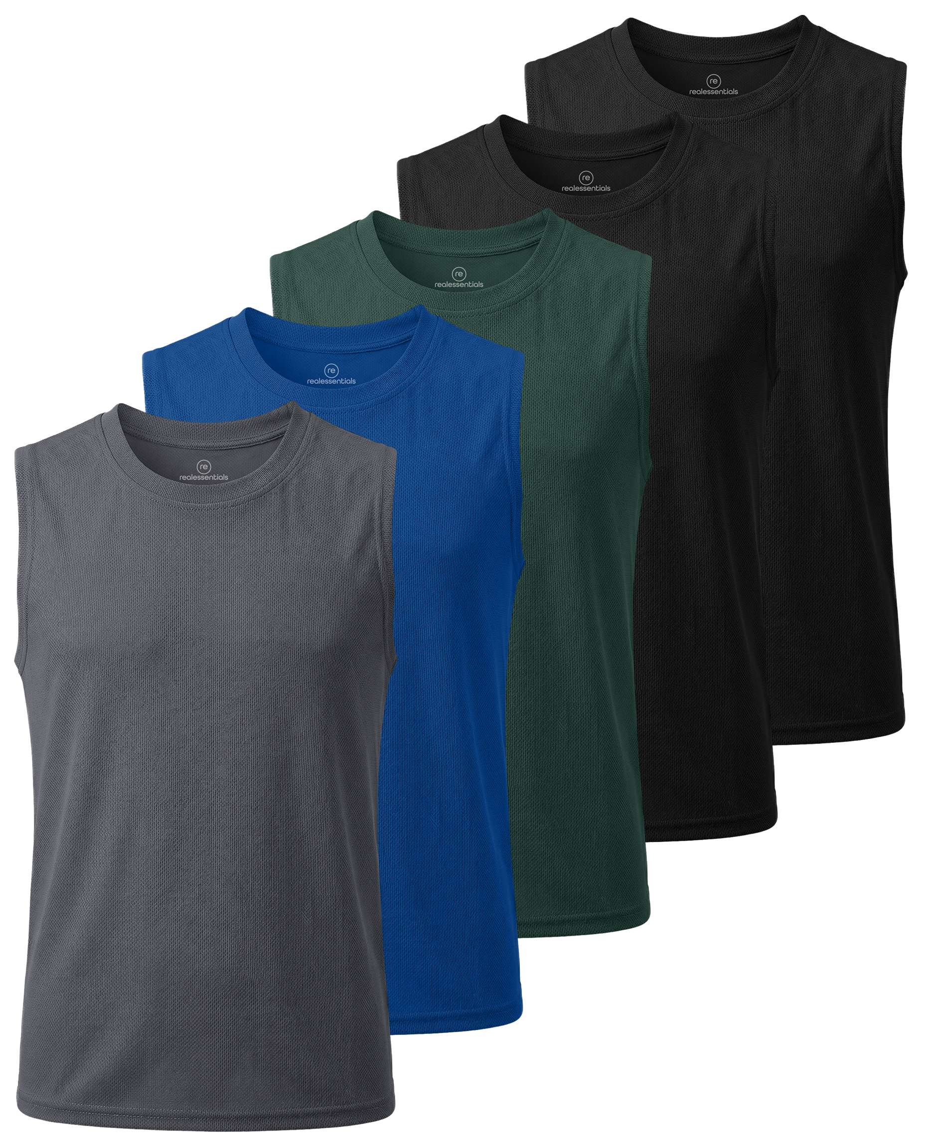 Real Essentials 5 Pack: Boys Mesh Active Tank Tops Athletic Workout Sleeveless Muscle Basketball Sports Dry Fit Teen