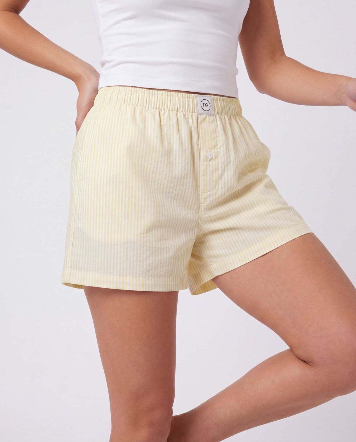 Real Essentials 3 Pack Women's Cotton Pajama Shorts Boxer Lounge Sleepwear PJs with Pockets - Charcoal Art Stripe, Moonlight Mauve Stripe, Transparent Yellow Stripe