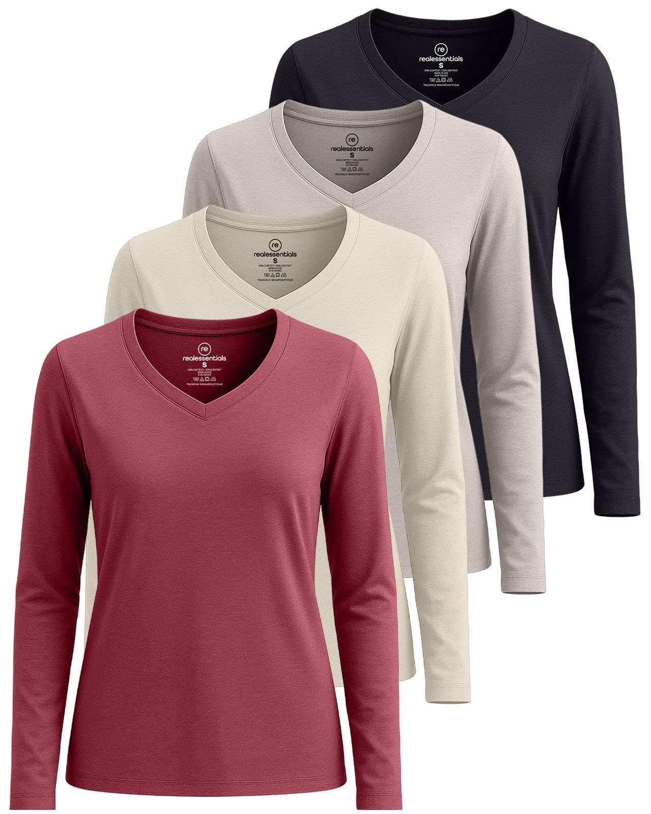 Real Essentials 4 Pack: Women’s Cotton Long Sleeve V-Neck T-Shirts – Soft Casual Lounge Tee Tops (Available in Plus)