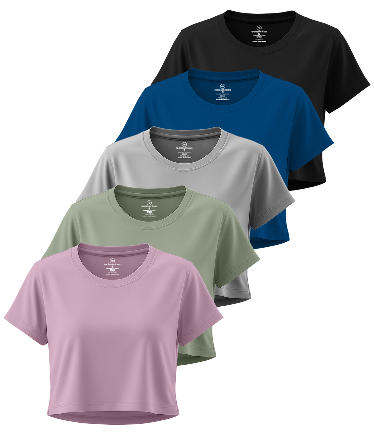 Real Essentials 5 Pack Women's Dry Fit Crop Top Workout T Shirts Short Sleeve Athletic Gym - Set 1