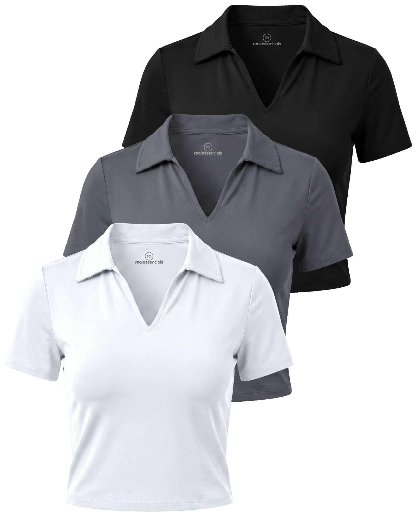 Real Essentials 3 Pack: Women's V Neck Crop Polo Shirts - Short Sleeve Sweater Dry Fit Golf Athletic Workout Collared Tops