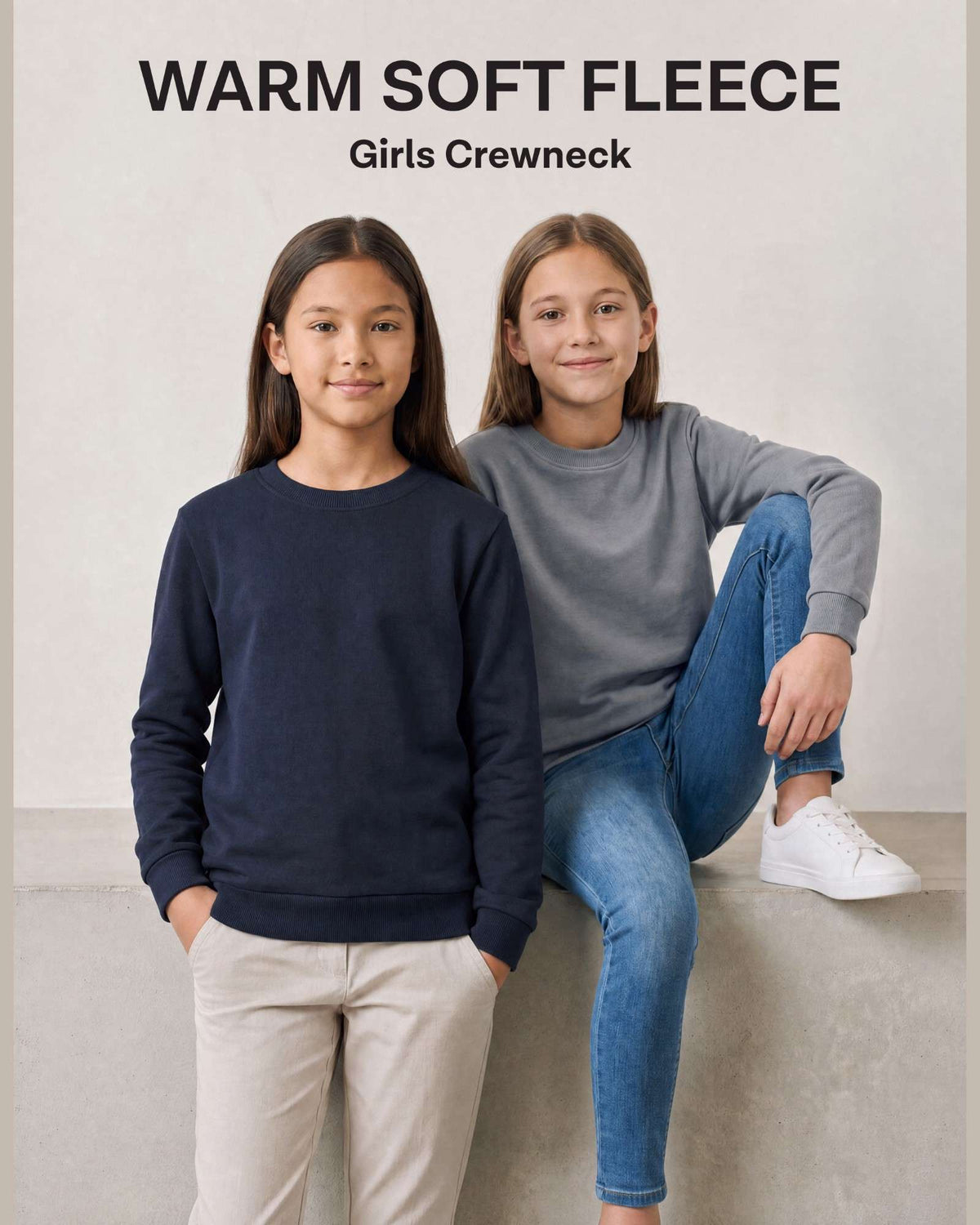 Real Essential 3 Pack Girls' Fleece Crewneck Sweatshirts Sweaters Kids Teens Pullover Tops - Solid Black, Solid Navy Blazer, Solid Quiet Shade