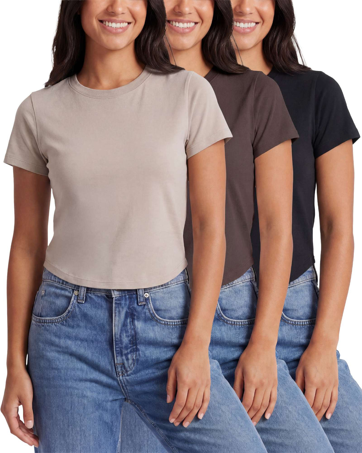 Real Essentials 3 Pack Women's Cropped Cap Sleeve Tops Cotton Basic Tees Going Out Shirts - Solid Black, Solid Chocolate Torte, Solid Moonbeam