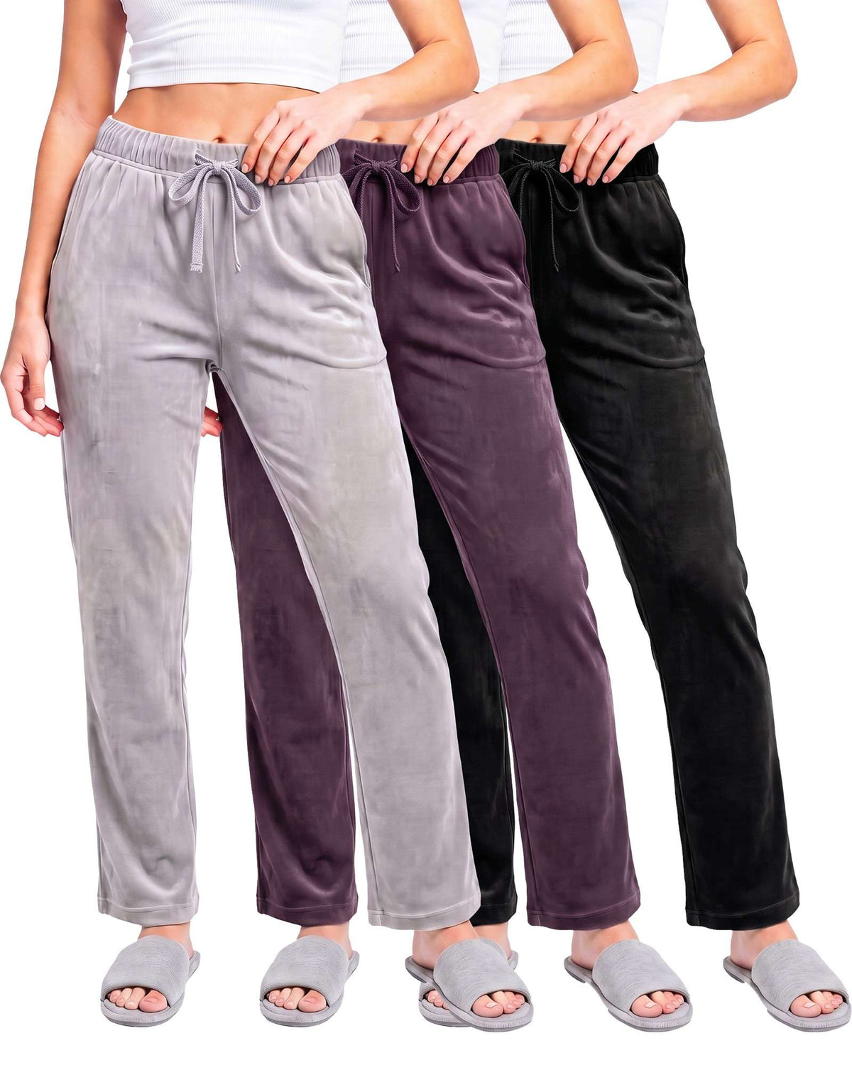 Real Essentials 3 Pack Women Velvet Straight Leg Pants Velour Sweatpants Cozy Lounge Soft - Solid Black, Solid Plum Perfect, Solid Ultimate Grey