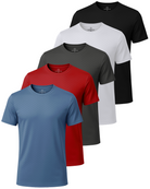 Real Essentials 5 Pack Men's Dry Fit Short Sleeve Crew T Shirts Gym Tees Athletic Workout - Solid Black, Solid Bright White, Charcoal, Solid Poppy Red, Elemental Blue