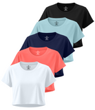 Real Essentials 5 Pack Women's Dry Fit Crop Top Workout T Shirts Short Sleeve Athletic Gym - Set 3