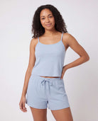 Real Essentials 2 Pack Women's Pajama Sets 2 Piece Ribbed Cropped Cami Shorts Sleepwear PJs - Solid Ballad Blue, Solid Pale Lilac