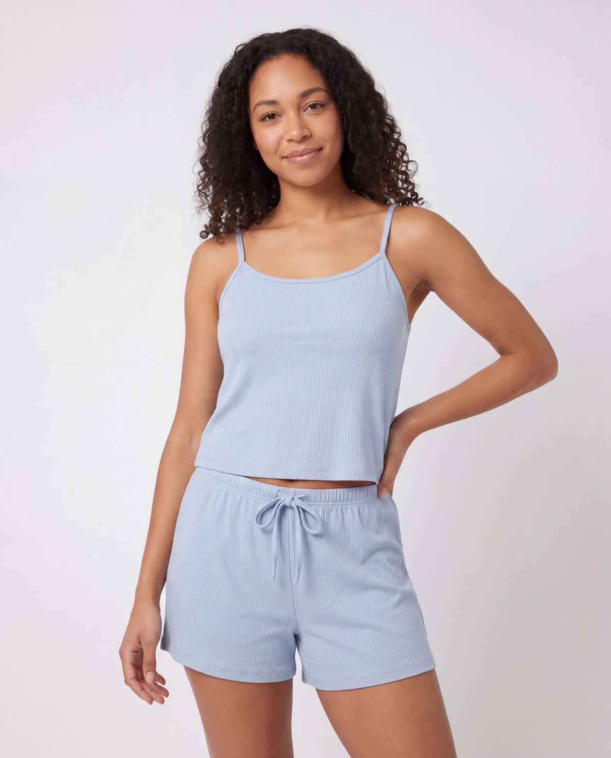 Real Essentials 2 Pack Women's Pajama Sets 2 Piece Ribbed Cropped Cami Shorts Sleepwear PJs - Solid Ballad Blue, Solid Pale Lilac