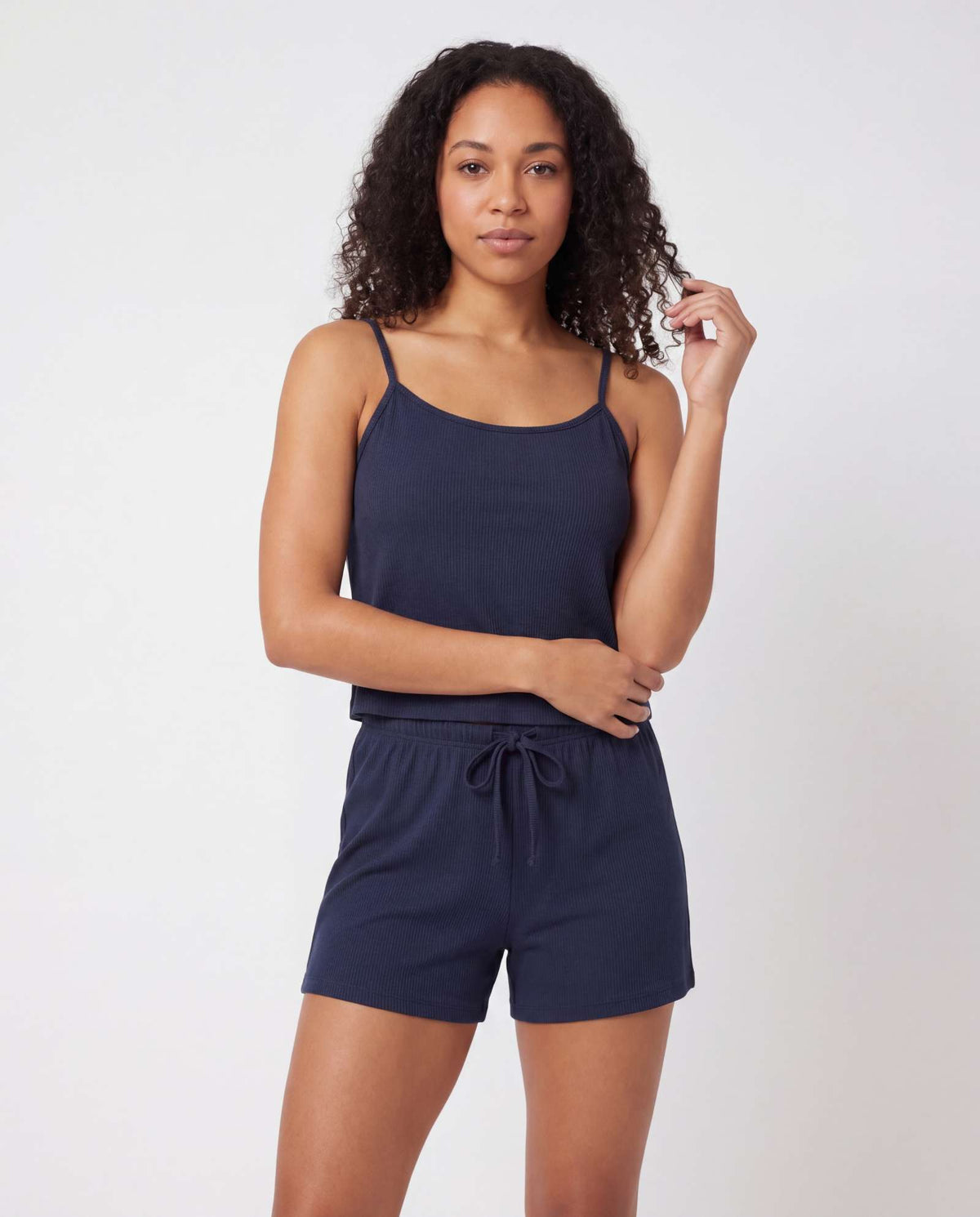 Real Essentials 2 Pack Women's Pajama Sets 2 Piece Ribbed Cropped Cami Shorts Sleepwear PJs - Solid Navy Blazer, Charcoal Heather