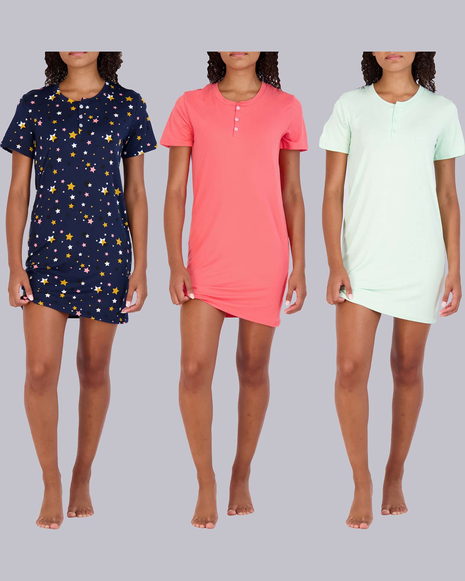 3 Pack: Womens Short Sleeve Henley Nightshirt Nightgown Sleep Dress