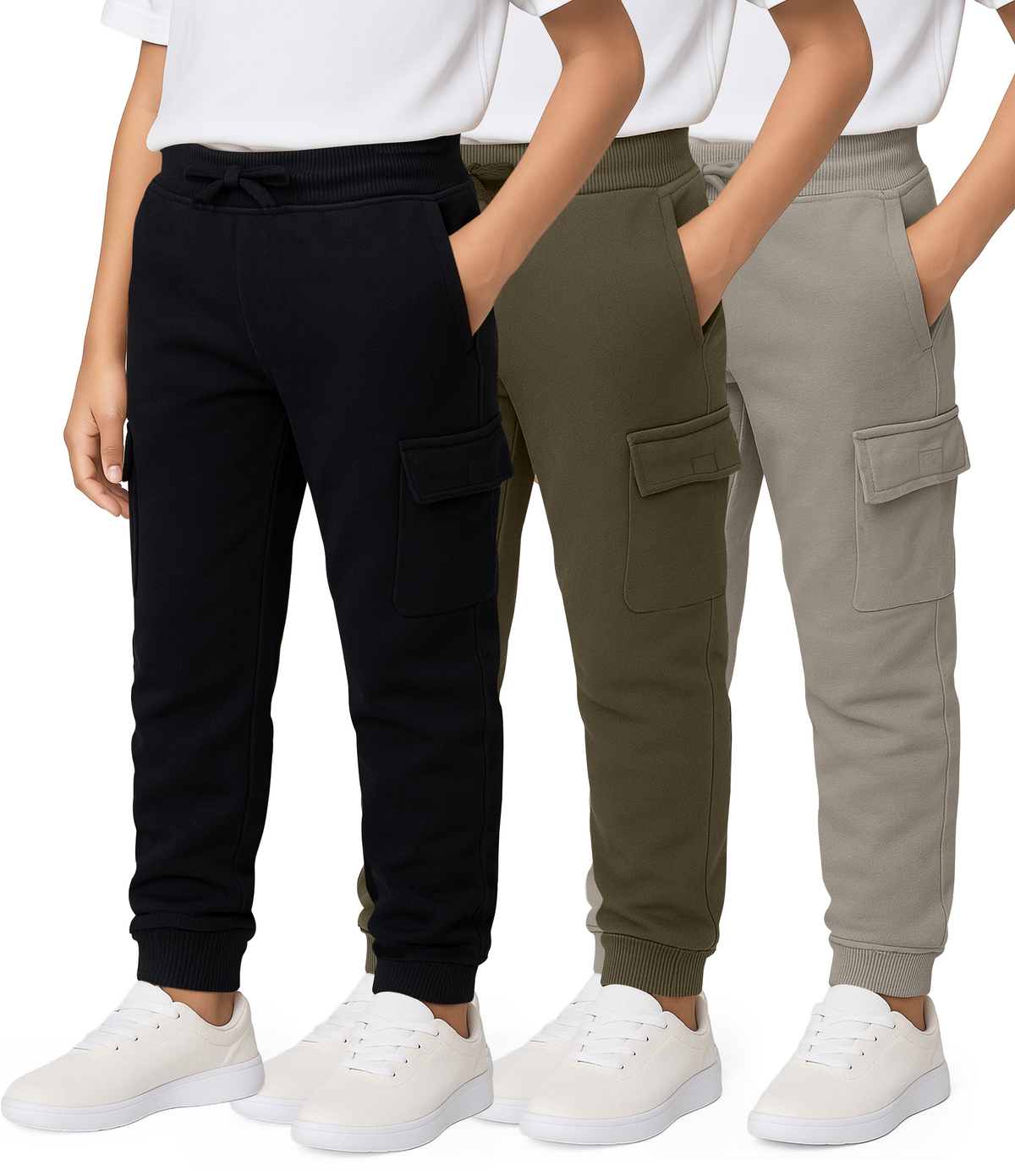 Real Essentials 3 Pack Boys' Cotton Cargo Fleece Joggers Sweatpants Pockets Athletic Kids - Set 2