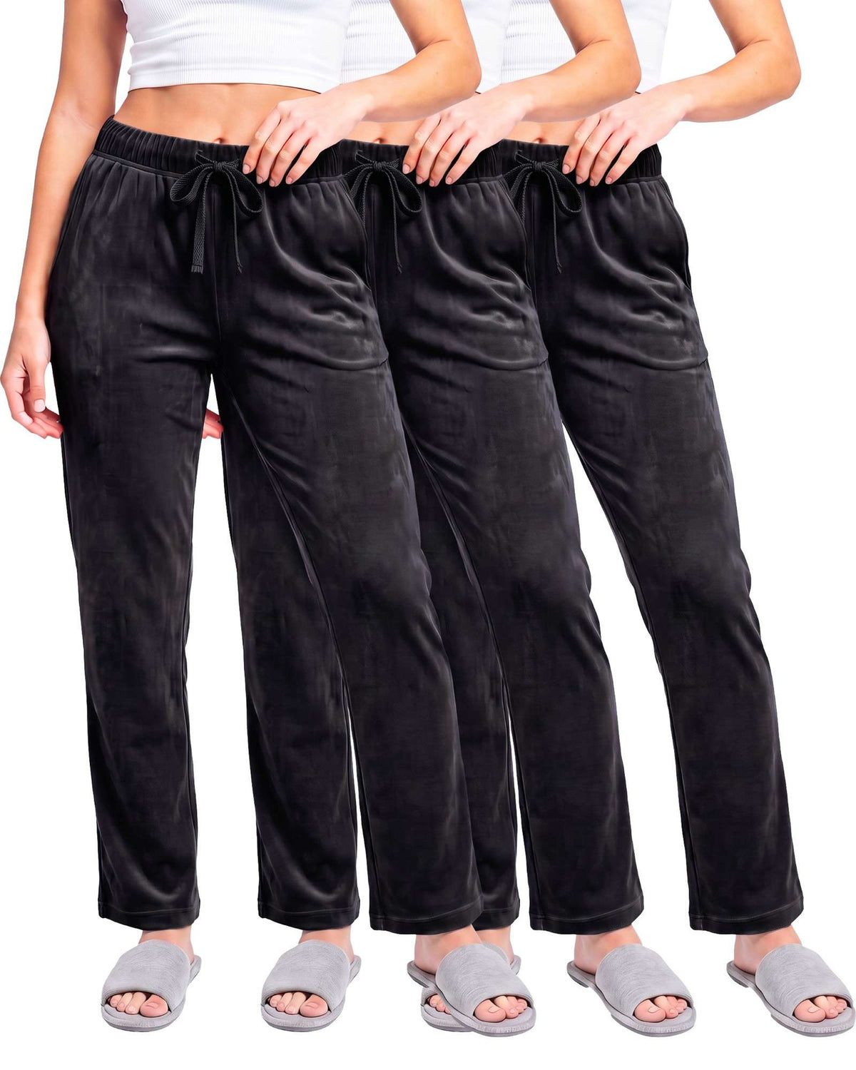 Real Essentials 3 Pack Women Velvet Straight Leg Pants Velour Sweatpants Cozy Lounge Soft - Solid Black, Solid Black, Solid Black
