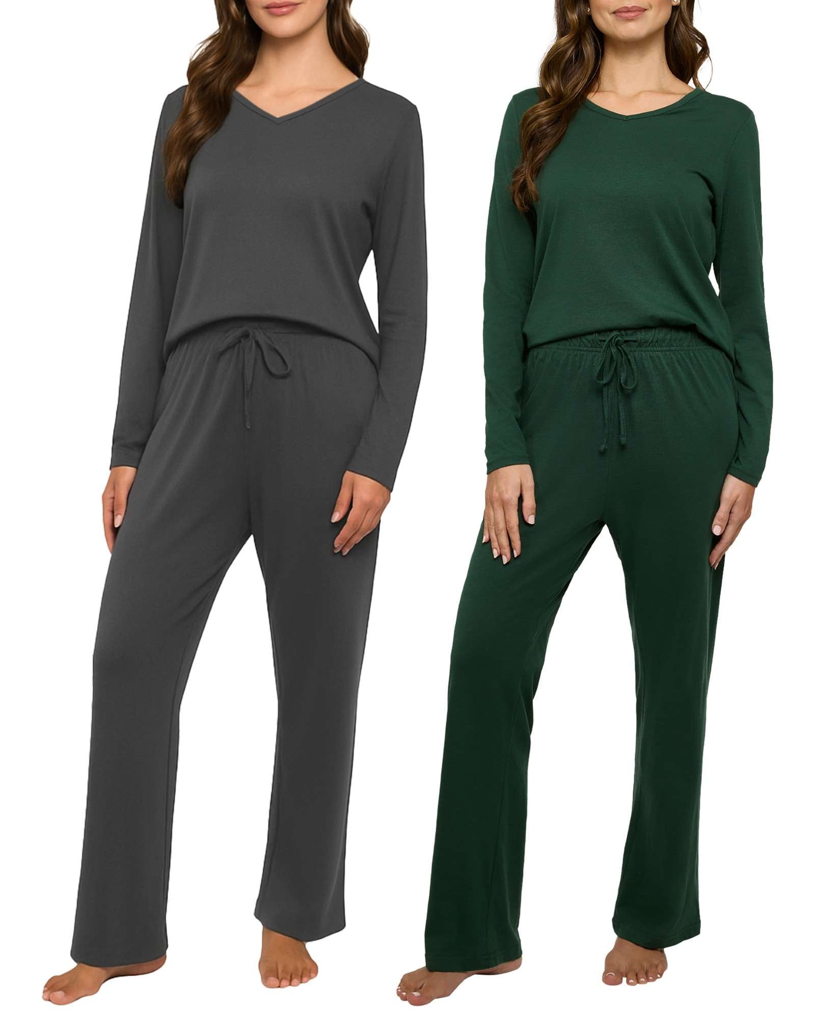 Real Essentials 2 Pack Women's Soft Cotton Long Sleeve Pajama Set with Pants - Lounge Sets for Women (Available In Plus)