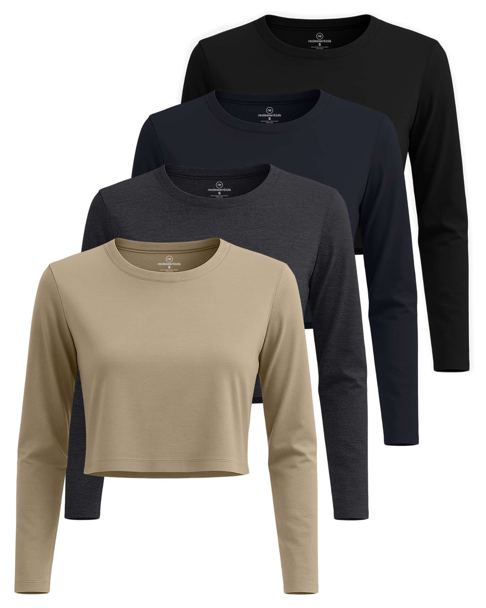4 Pack: Women's Long Sleeve Crew Crop Top ( Available in Plus Size)