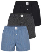 Real Essentials 3 Pack Mens Cotton Pajama Shorts Poplin Woven Lounge Sleep PJs with Pockets - Solid Black, Charcoal Art Stripe, Elemental Blue Stripe