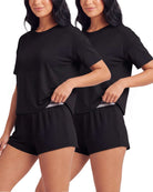 Real Essentials 2 Pack Women's Pajama Sets 2 Piece Boxy Tee Sleep Shorts PJs Sleepwear Cute - Solid Black, Solid Black