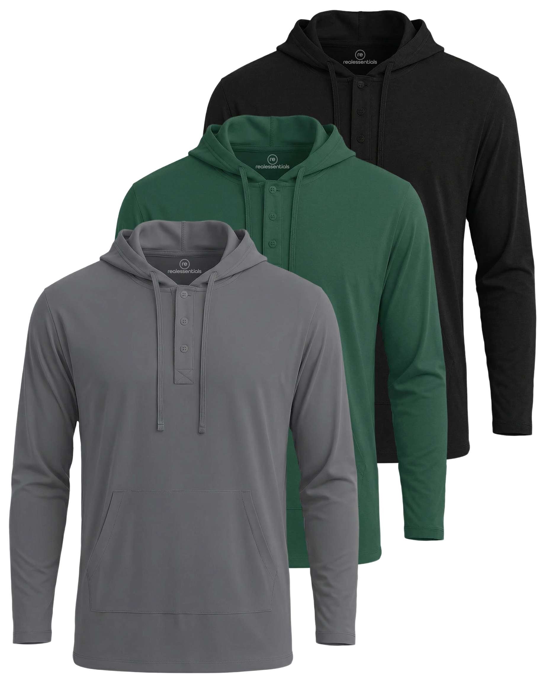 Real Essentials 3 Pack: Men's Cotton Henley Pullover Hoodie Lightweight Casual Long Sleeve Hooded Sweatshirt (Big & Tall)