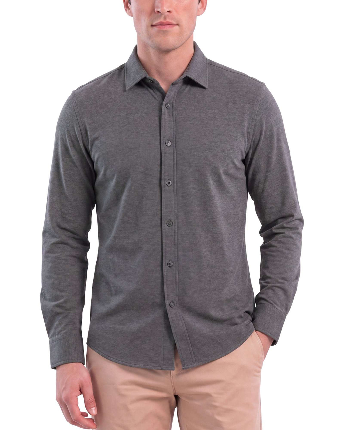 Real Essentials Men's Long Sleeve Cotton Button Down Shirts Casual Work Business Tops - CHARCOAL HEATHER